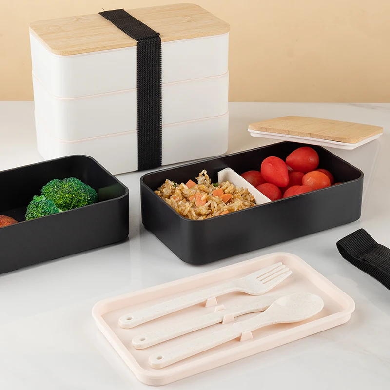 Bento Lunch Box With Divider and Cutlery Lunch Containers for Kids Bamboo Fiber Double Layer Lunch Box with Bamboo Lid