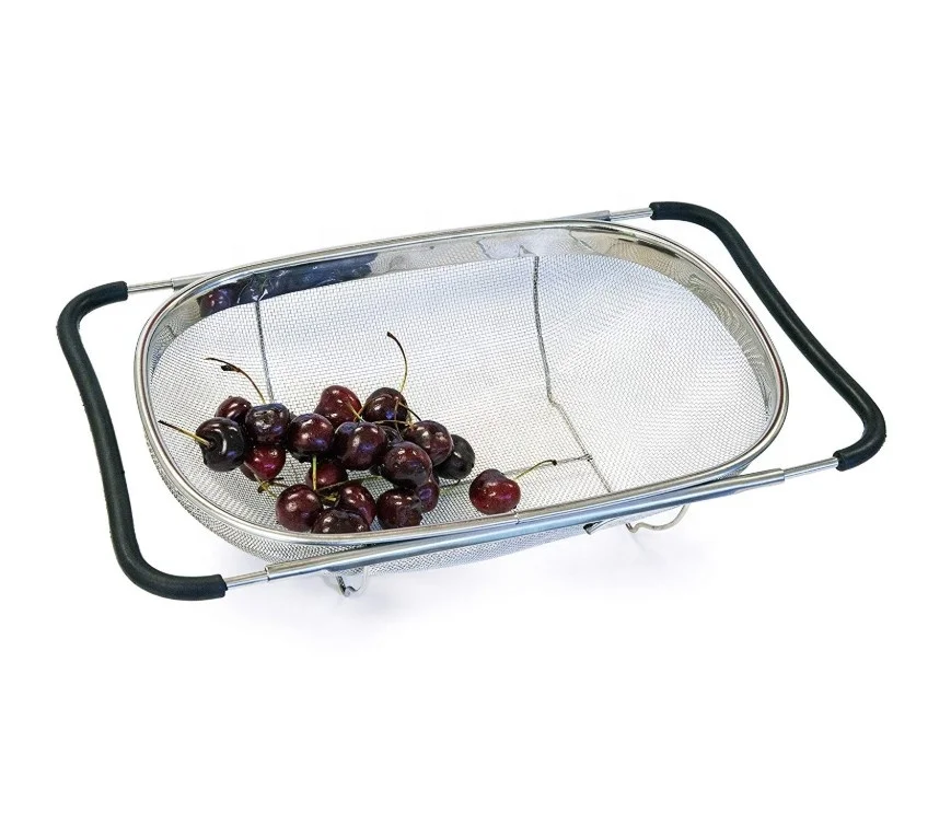 Amazon hot seller Stainless steel sink filter with retractable rubber handle Drain Over The Sink Colander Basket