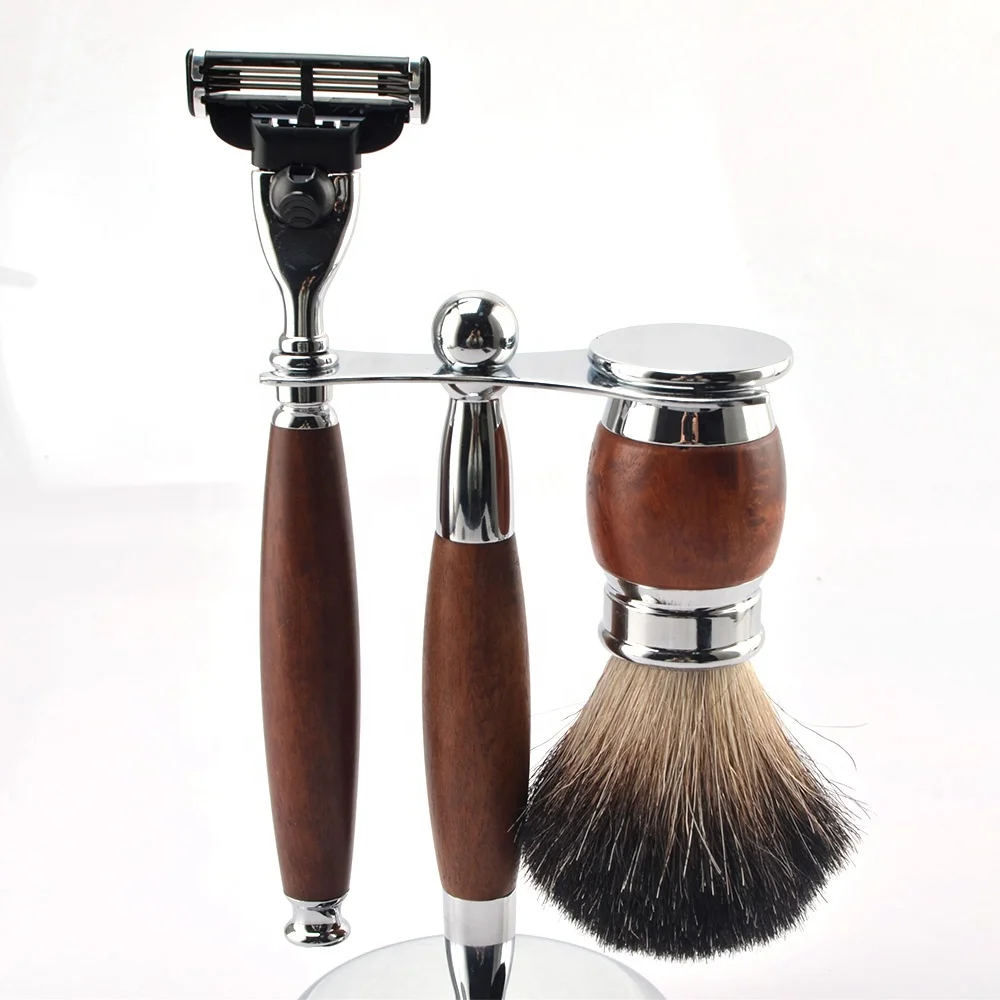 Kinghood Mens metal three blades wood handle gift shaving kit private label shaving safety razor and wood  brush set to gift