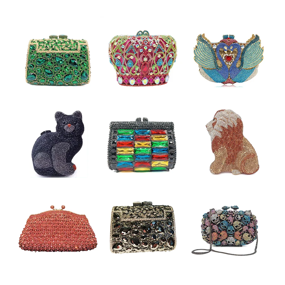 Factory Supply In Stock Different Style Rhinestone Clutch Birthday Party Purse Crystal Handbag Crossbody Women Evening Bag