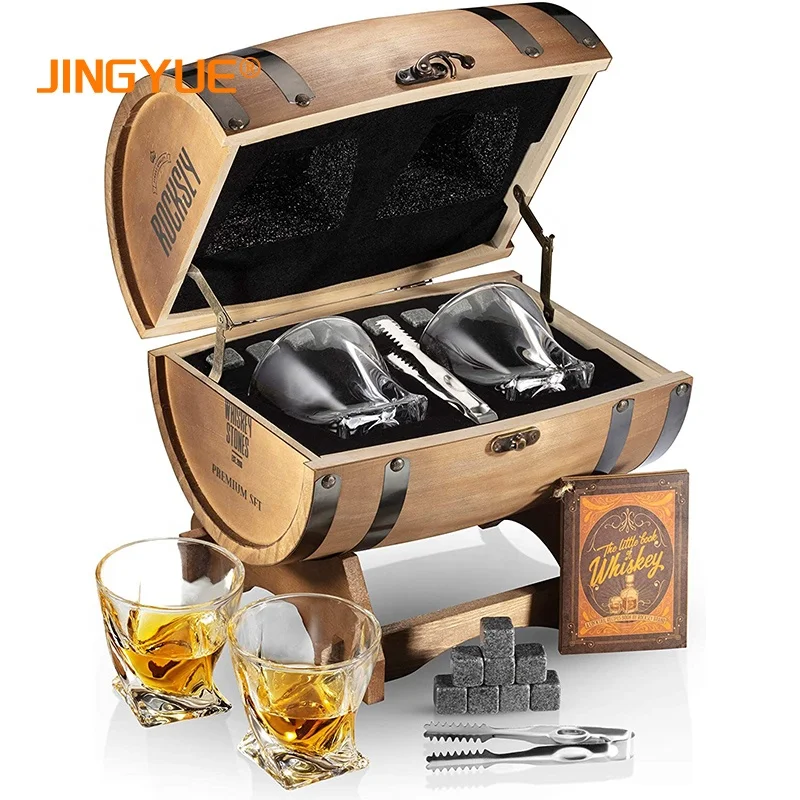 6 Quality Granite Whiskey Stones Gift Set Unique 2 Old Fashion Glasses Rock Whisky Barrel Box for Cocktail Bourbon