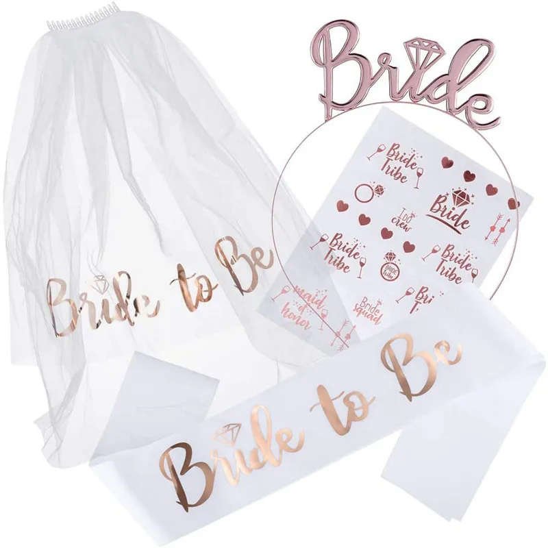 Bachelorette Hen Party Bride To Be Veil Badge Tattoo Sticker Sash Kit Bridal Shower Party Decoration Supplies Set