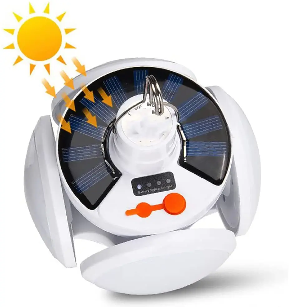 Solar Rechargeable Camping Light with LED Lantern, Portable Tent Lamp with Hanging Hook, Folding LED Football UFO Bulb