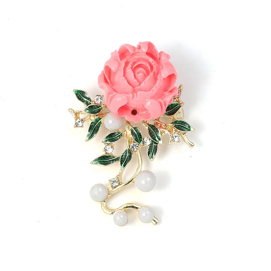 Chinese Style Luxury Pin Personality temperament Drop Oil leaf set diamond pearl Peony brooch Banquet jewelry for women