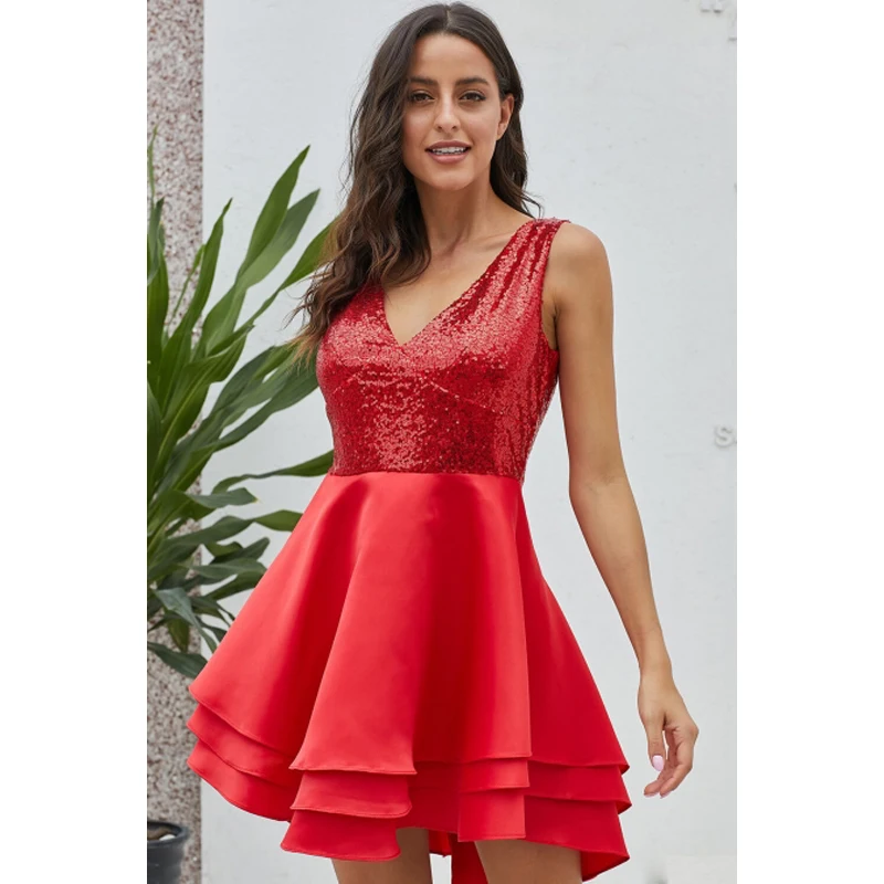 
Hot Sale Backless Sequin Multi Layer Women Skater Dress 