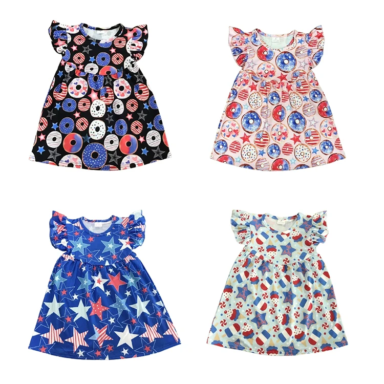 Wholesale children clothing  hot selling milk silk Independence Day flutter dress with doughnut