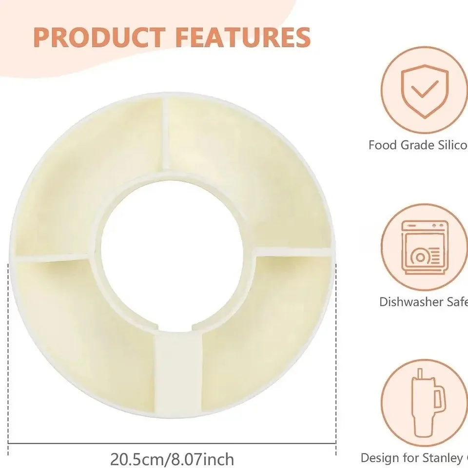 Silicone Snack Bowl Compatible with Stanley Cup Silicone Snacks Platter 4 Compartments Container Plate Tray Ring for Stanley Cup