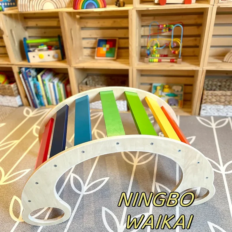 Wholesale Eco-friendly Rainbow Bridge Rocker Board Climber Rocking Chair Kids Climbing Toys Wooden Baby Chair
