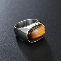 Fashion Mens Stainless Steel Gold Rings Personality Big Tiger Eye Stone Agate Rings for Men