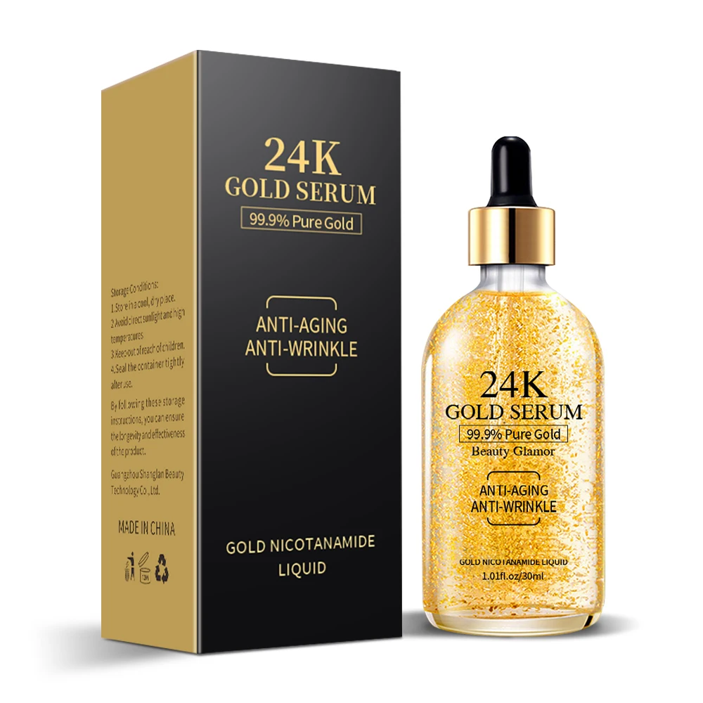 Wholesale Moisturizing Hydrating Nourishing Skin Care Gold Foil Anti-aging Anti-wrinkle 24K Gold Niacinamide Face Serum 30ml