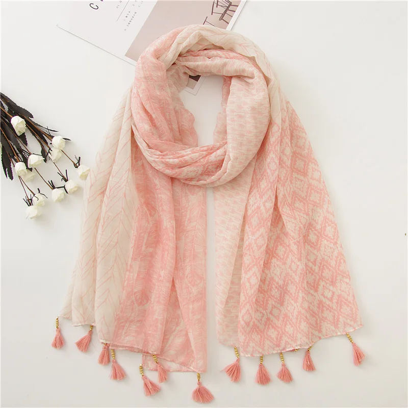 Elegant Autumn Winter Japanese Style Scarf New Feather Printing Wooden Beads Tassel Ethnic Voile Shawl