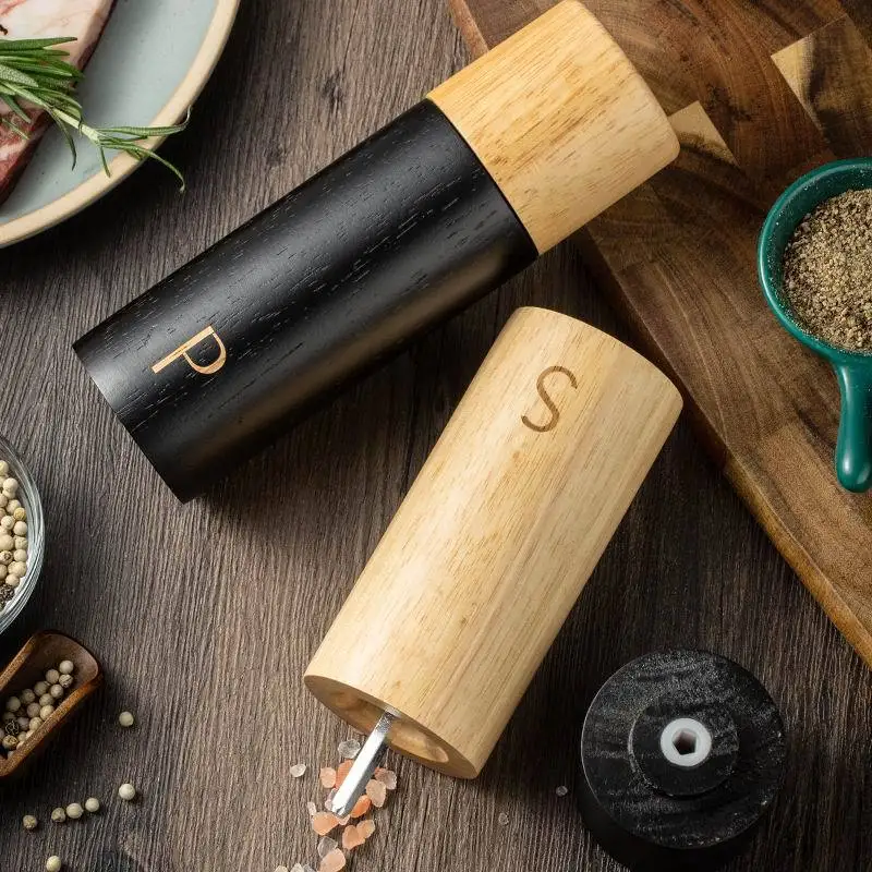 Custom logo Creative manual wooden Salt and Pepper Grinder Set small wood herb Spice Mill Shaker for Kitchen Cooking Tools