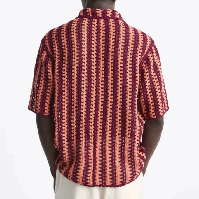 Oversized Shirts Crochet Short Sleeve Customization Summer Beach Knitted for Men Cotton Casual Custom Shirt Print Pattern V-neck