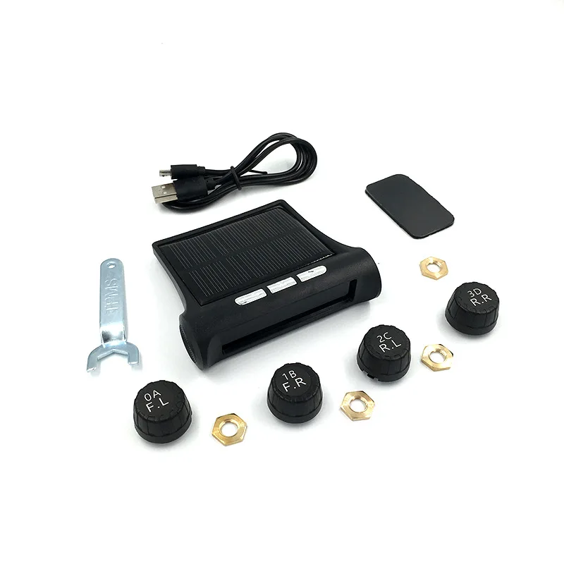 Factory Wholesales black white screen Solar Powered TPMS Car Tire Pressure Monitor System 4 External Sensors