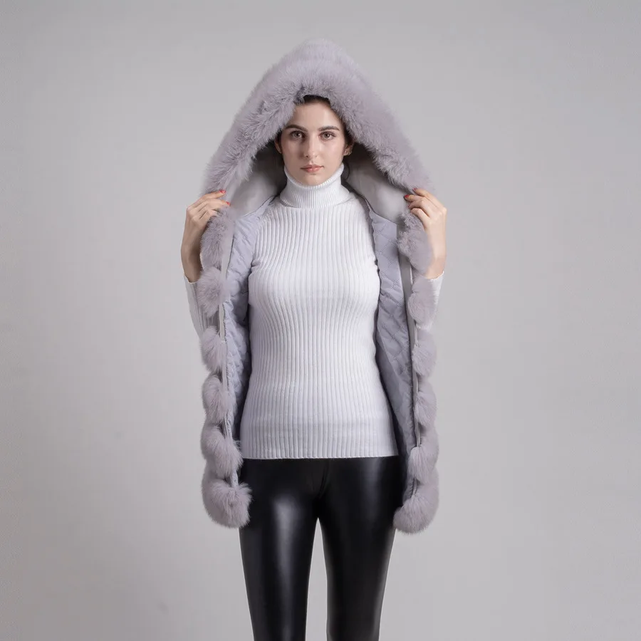 QIUCHEN FREE SHIPPING New arrival full pelt plus size vest high quality thick foxmongolian fur hooded gilet QC8056