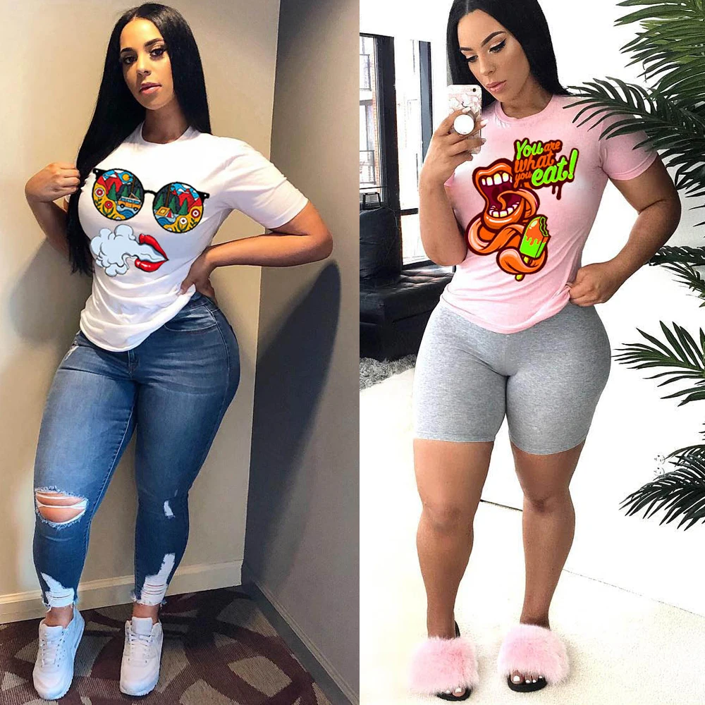 
Bunny BN-062 Red Lip Print Short Long Sleeve Woman Clothing T Shirt Women 