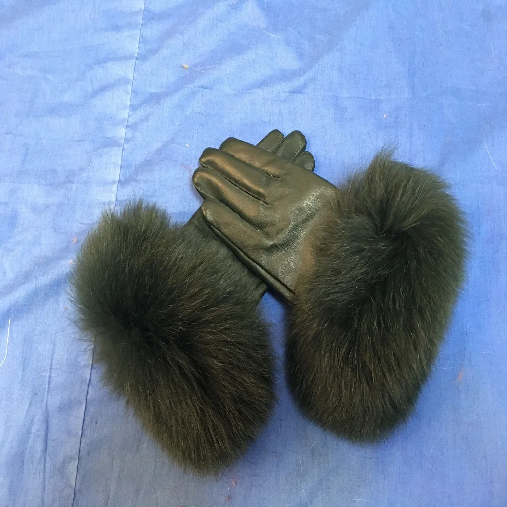 2019 Winter Women Sheep Skin Leather Gloves Fashion Design Real Fox Fur Gloves