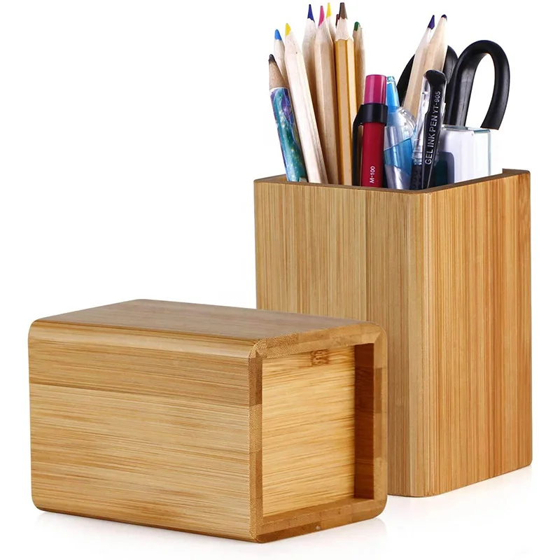 kawaii organizer Wholesale Factory Bamboo Wood Desk cup pot Pen Pencil Holder Stand Pencil Cup Pot