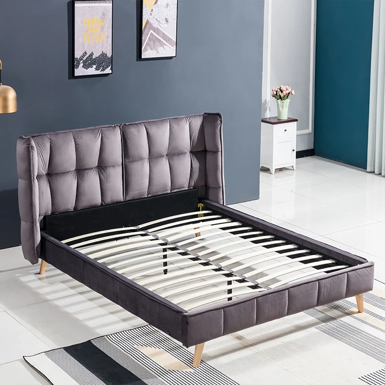 factory direct export king size soft  headboard customize wood frame upholstered bed with wings  from China