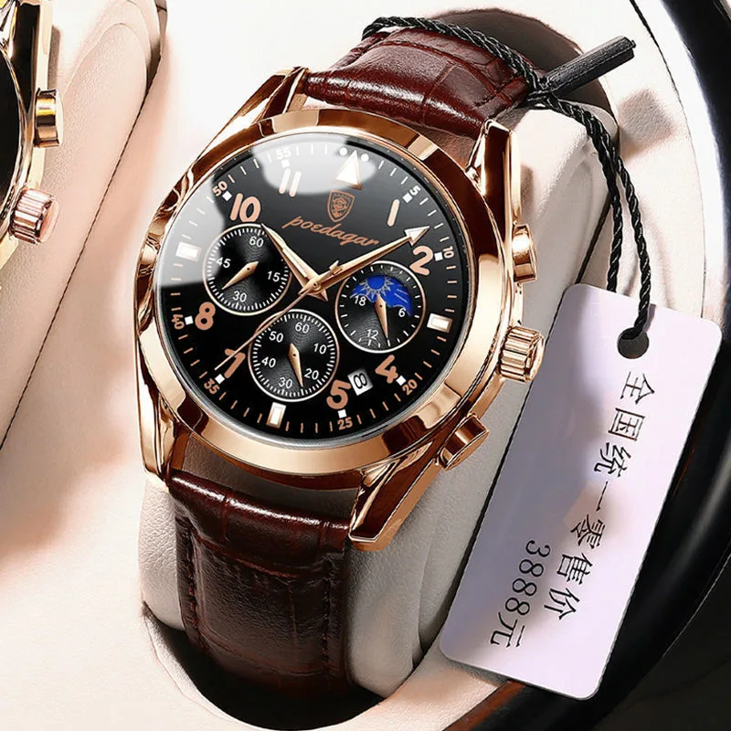 POEDAGAR Men Watches Fashion 2021 New Leather Waterproof Luminous Wristwatch Top Brand Luxury Mens Quartz Relogio Masculino