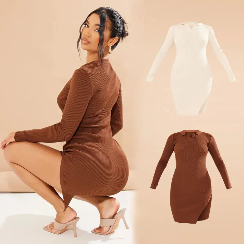 Share    CHOCOLATE KNIT BUTTON DETAIL LONG SLEEVE MINI DRESS