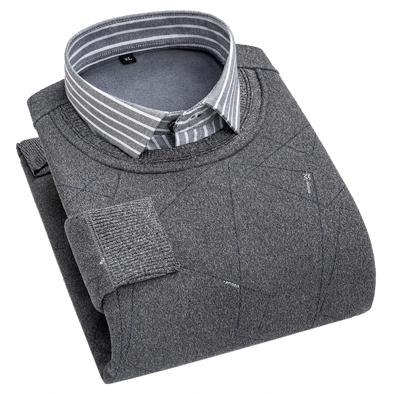 Wholesale Winter Thermal Plush Thickened Fleece Pullover Shirt Two-in-one Casual Mens Sweater