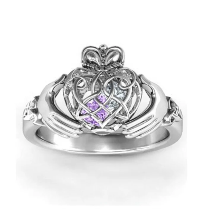 Custom personalized 925 sterling silver two handed pallet reticular heart shaped birthstone stone rings cage for womens