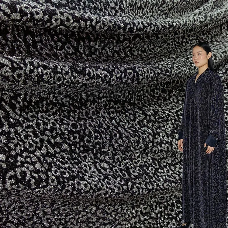 New design leopard pattern stretch nida fabric lurex metallic jacquard shiny glitter knitted fabric for dresses for abaya