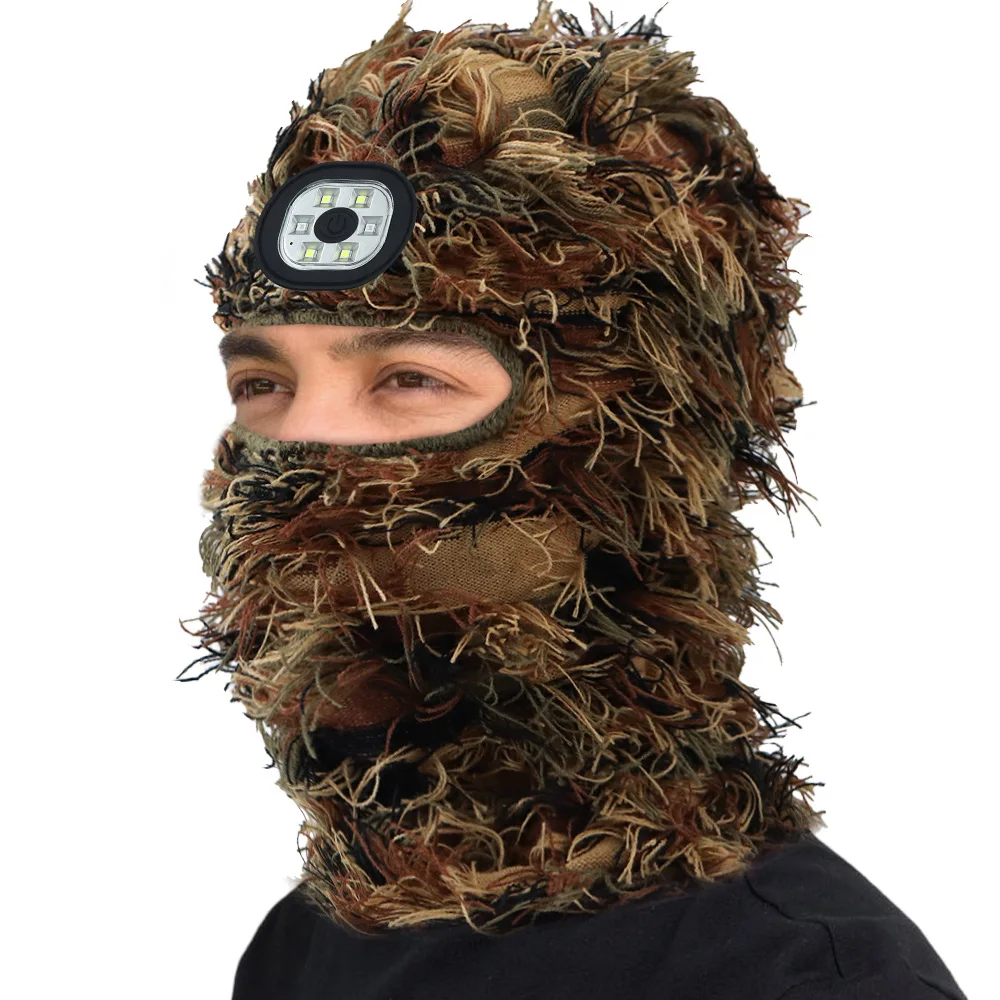 Wholesale Full Face Cover Motorbike Skull One Hole grassy custom ski masks distressed balaclava with LED light Light Beanie