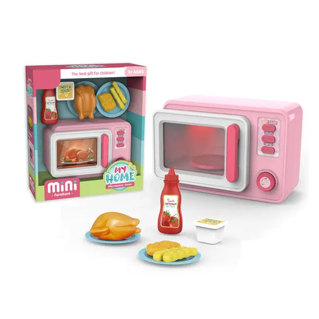Hot Selling Education Miniature Pretend Toy Kitchen Toys Pink Mini Microwave Oven Toy With Light And Music For Girl