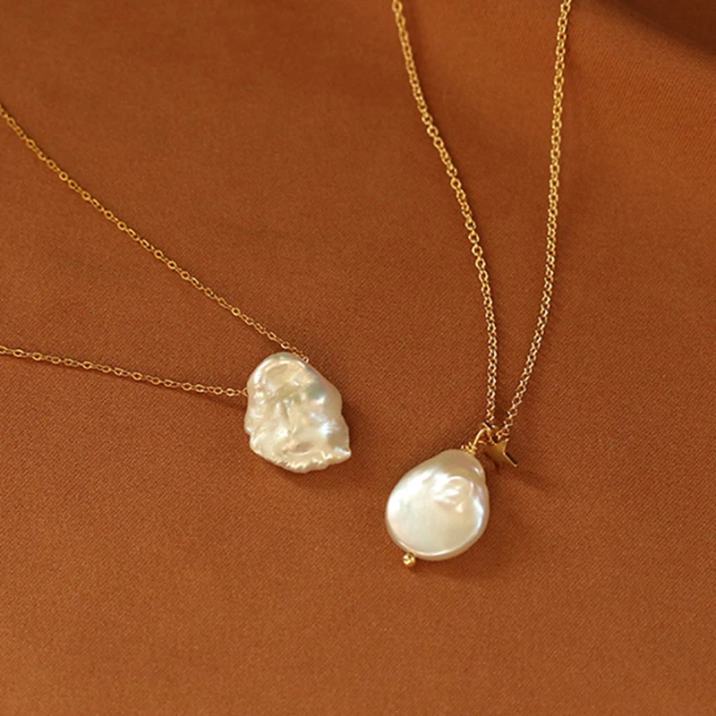 Custom European Vintage gold plated Chain Real Natural Baroque Pearl Pendant Necklace