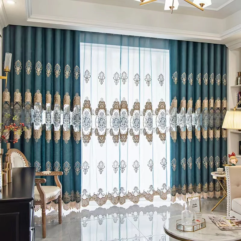 Custom Two Kinds Of Fabric Window Luxury European Embroidered Curtain For Bedroom