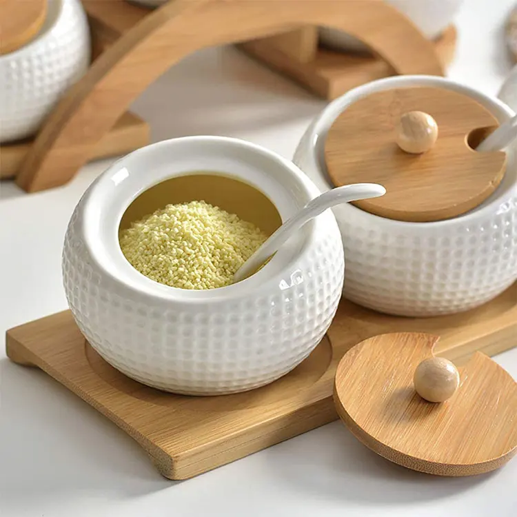  Wholesale Porcelain Condiment Jar Spice Container Sugar Pots with Bamboo