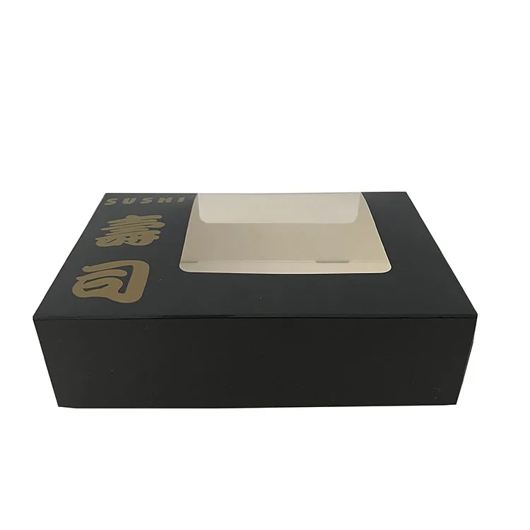Экологичная черная упаковочная коробка с принтом на заказ для свежих суши ланча еды складная бумажная окошком