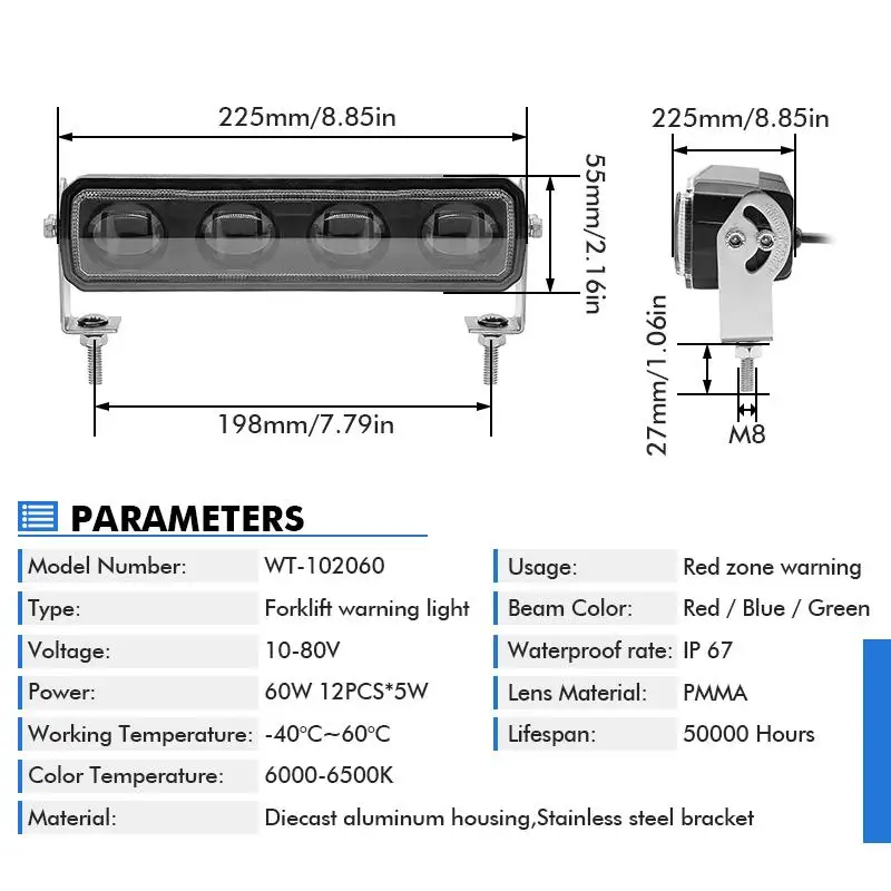 Wetech New Design 60W Watts 10-110V Super Bright LED Red Zone Safety Light Forklift Danger Area Warning Light