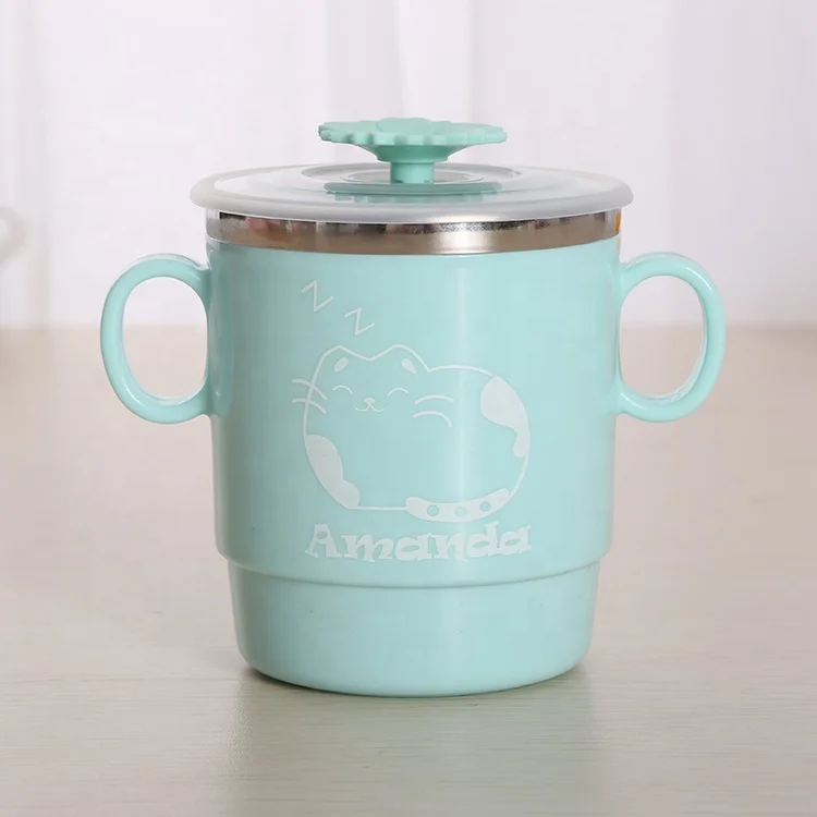 
Kids Popular Cute Stainless Steel plastic water bottle cup with two Handles and airtight lids for children training cup 