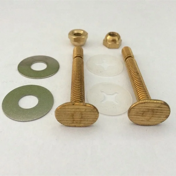 1/4*2-1/2 brass plated T-head toilet bolts , steel anorn nuts , steel retainer washers with polybag