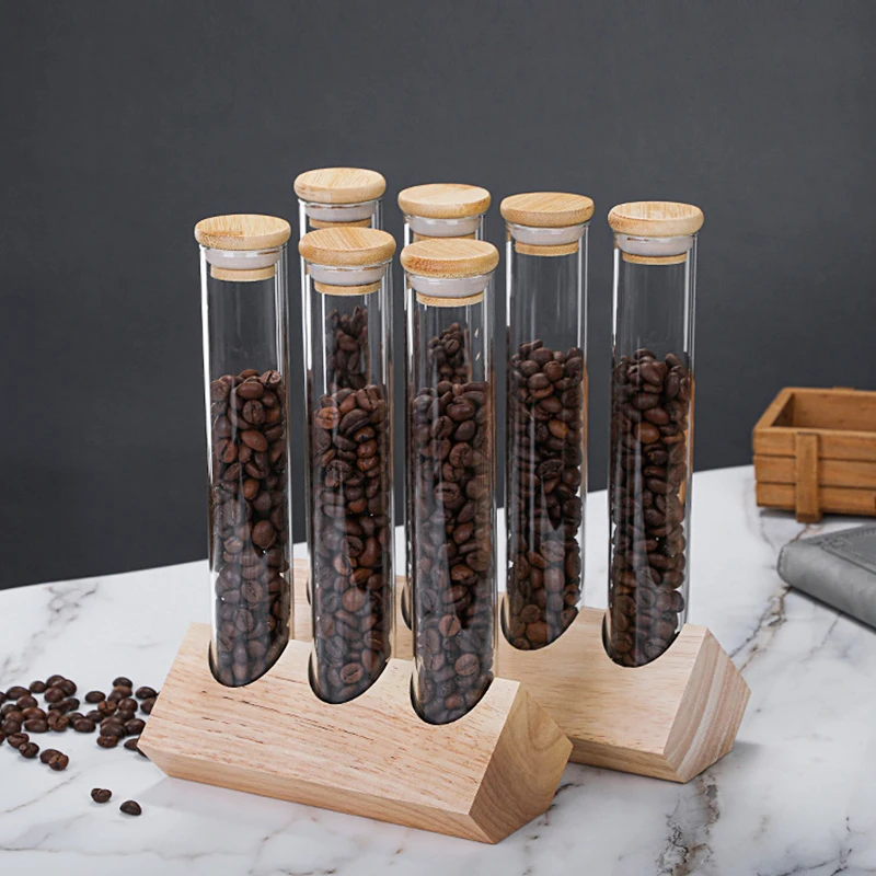 Nenya Coffee Bean Storage Tubes Glass Tubes Sets with Wooden Display Stand Single Dose 45g