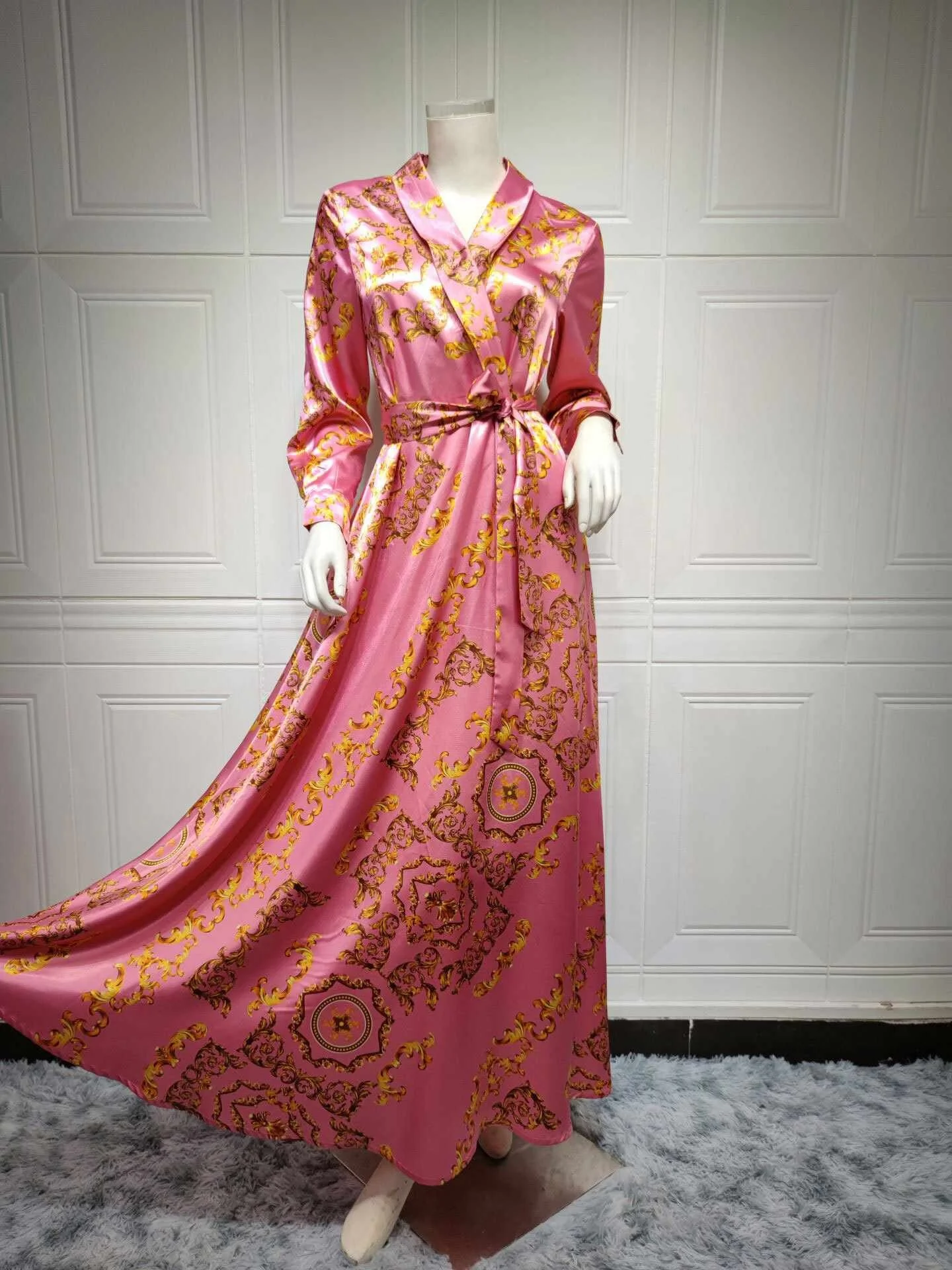 kc Middle East Abaya Women Muslim Dress Elegant Floral Printing Evening Dresses Long Sleeves Maxi Dress Ladies Abaya Dubai