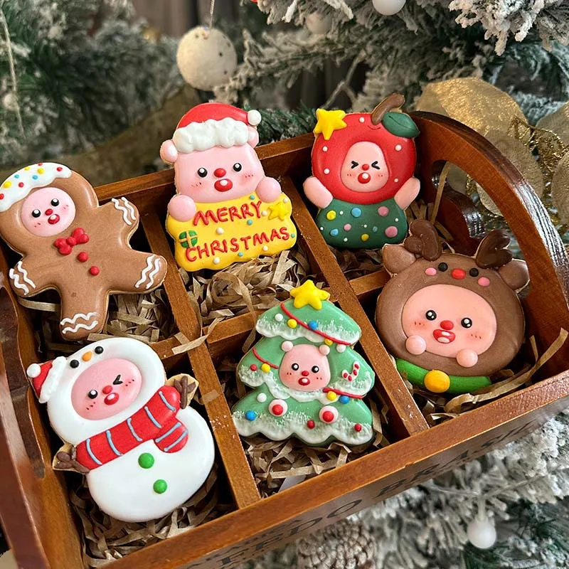 Creative handmade snacks frosting biscuits cute snowman cookies for reindeer Christmas trees gingerbread man Christmas cookies