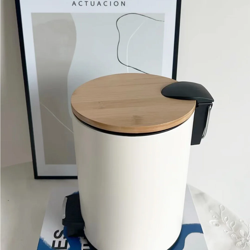 Pressing Type Trash Can with Bamboo Lid 3L Capacity Iron Steel Metal Storage Bucket PP Bagged Lobby and Bathroom Accessory