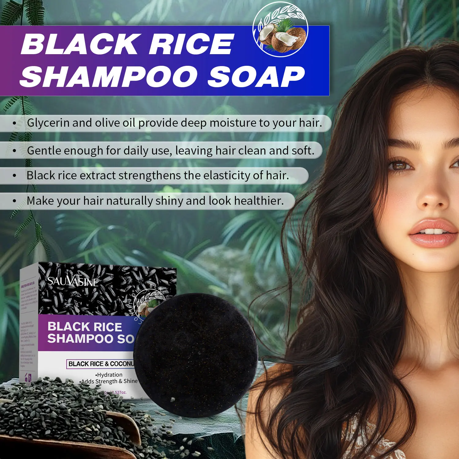 SAUVASINE Black Rice Germ Extract Glycerin Olive Oil Black Rice Shampoo Soap Natural Fruit Oil Shampoo Soap 100ML