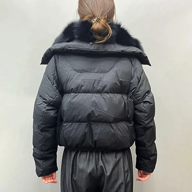 Jancoco New Style Cropped Goose Down Coat Women Real Fox Fur Collar Puffer Jacket