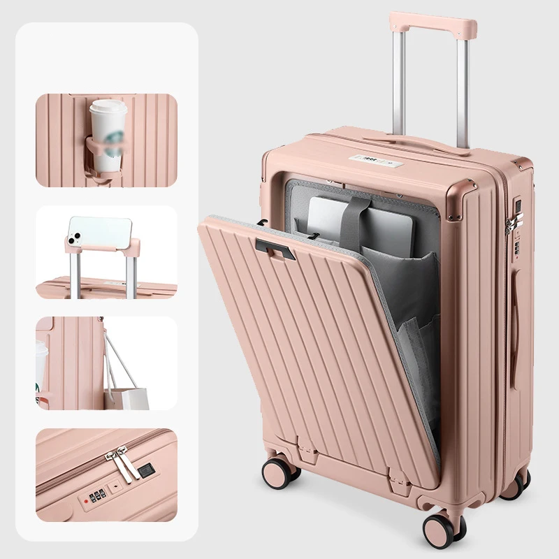 Unisex New 20 Inch Cabin Case with USB Charging and Phone Holder Front Opening Trolley Suitcase Luggage for Women and Boys