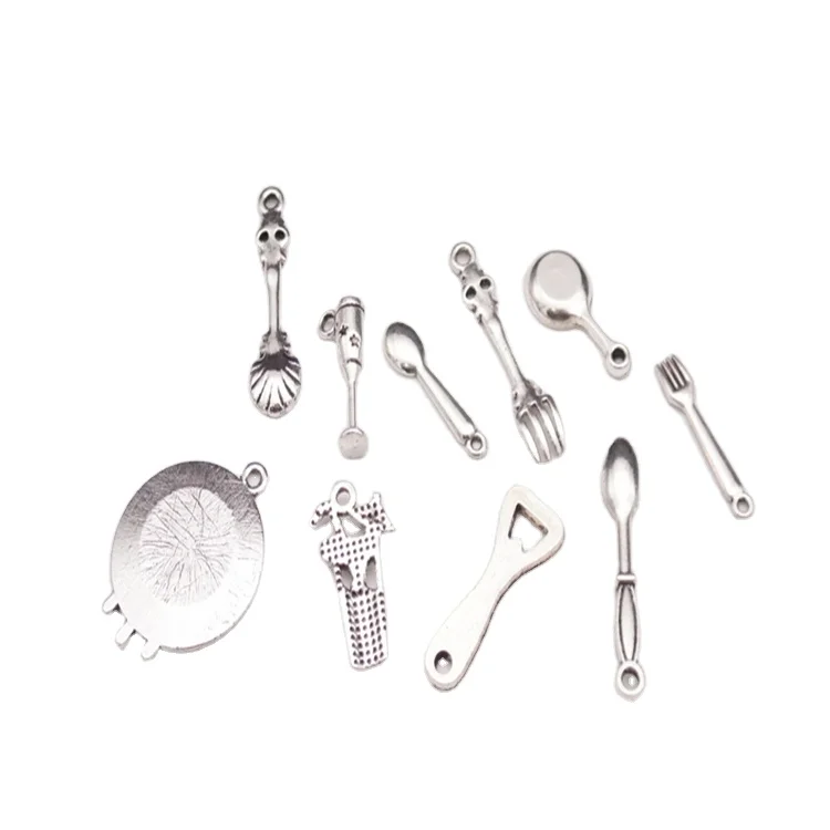 Custom mini antique silver fork spoon pendants charms for diy jewelry making