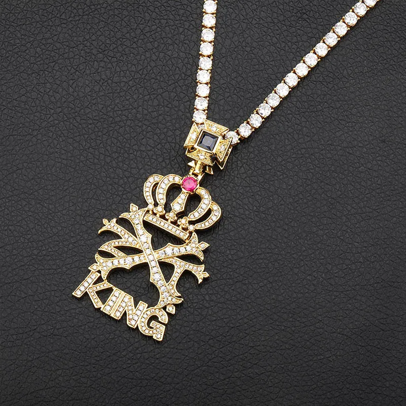 Cubic Zirconia Hiphop Gold Crown King Letter Necklace Tennis Chain