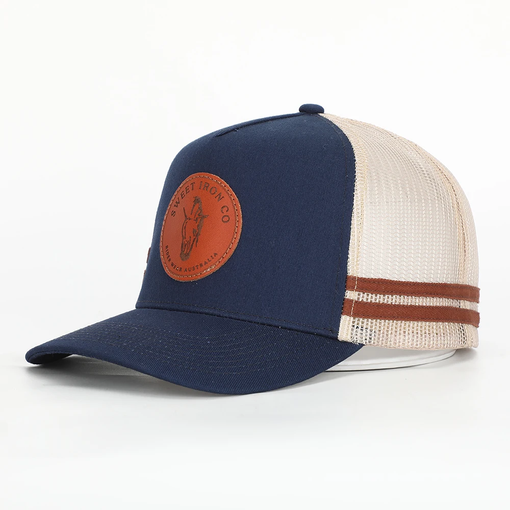 Wholesale Custom 5 Panel High Profile Australian Country Structured Crown 2 Side Striped Leather Patch Logo Mesh Trucker Cap Hat