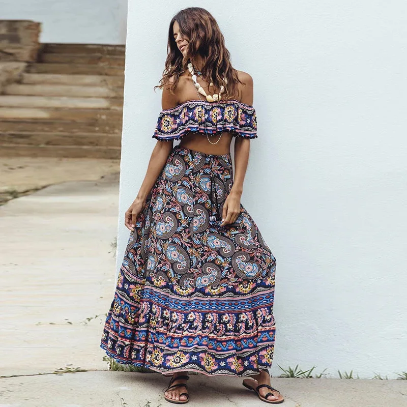 
HJ Trendy lady clothing off shoulder beach summer maxi floral dress boho bohemian women casual nude ruffle dresses 