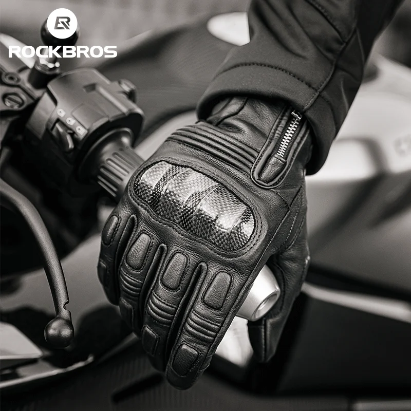 ROCKBROS Full Leather Motorbike Gloves Waterproof Knuckle Protection Classic Motorcycle Gloves with Palm Sliders
