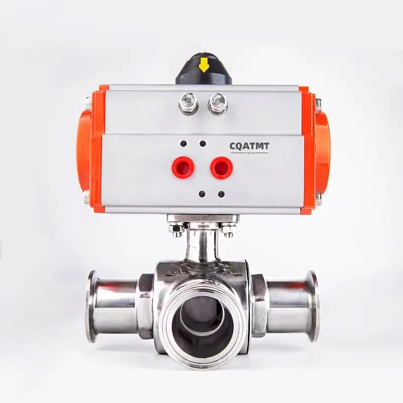 CQATMT T-type And L-Type Sanitary Chuck Quick Connect Ball Vale SS304 Pneumatic Actuator Quick Install 3-Way Ball Valve
